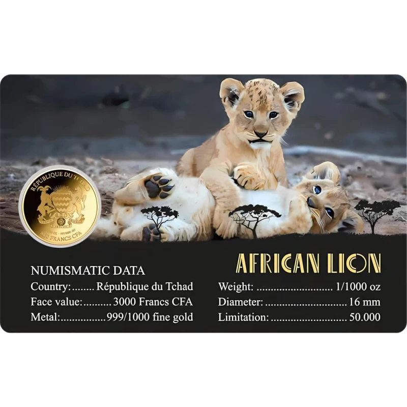 Chad African Lion Gold Coin (proof), 0.031 grams of pure gold (0.999 proof) Collectible coins