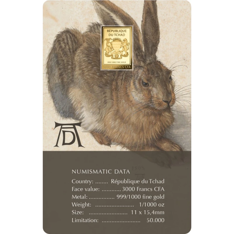 Chad: gold coin A young hare 1/1000 oz Collectible coins