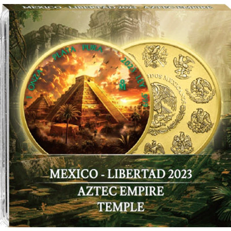 Mexico: silver coin Aztec Temple 2023 gilded colored 1 oz Collectible coins