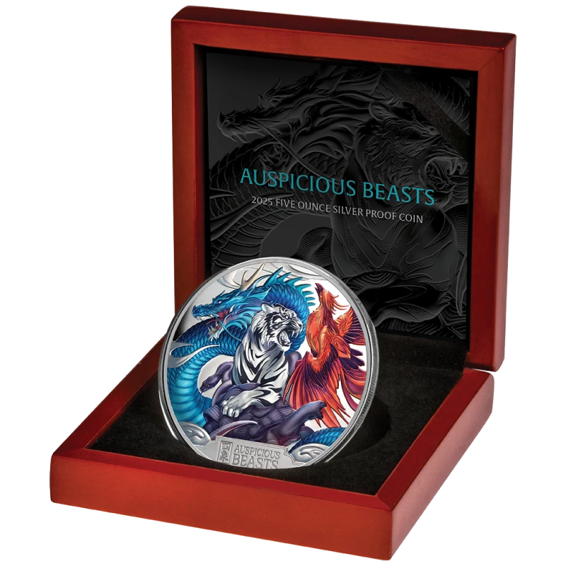 Niue: silver coin Auspicious Beasts 2025 Proof colored 5 oz Collectible coins