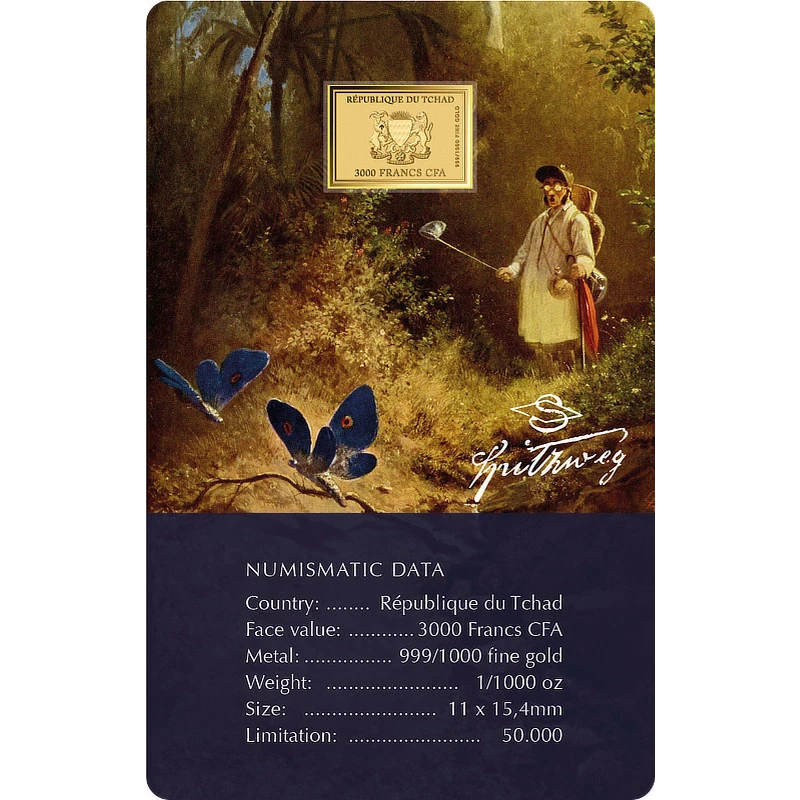 Gold Coin Chad Carl Spitzweg Butterfly Hunter 1/1000 oz  Collectible coins